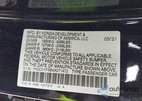 2021 Honda Accord Ex-L из США, поврежденный, VIN 1HGCV1F58MA071472